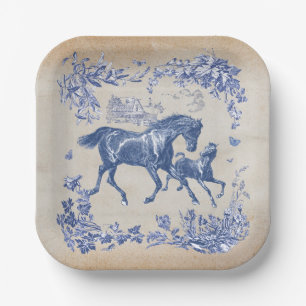 Elegant Vintage Blue Horses Floral Paper Plate