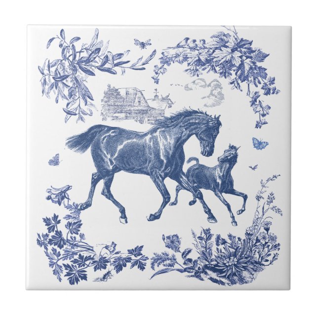 Elegant Vintage Blue Horses Floral Tile (Front)