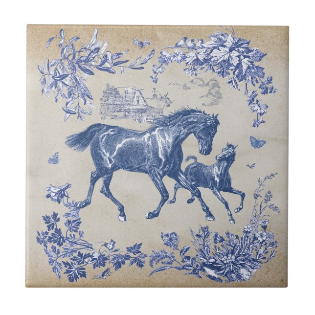 Elegant Vintage Blue Horses Floral Tile (Front)