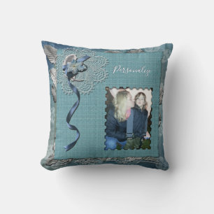 Elegant Vintage Blue Lace Photo Personalised Cushion