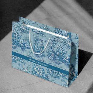 Elegant Vintage Blue Teal French Toile Scene Large Gift Bag