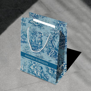 Elegant vintage blue teal toile de jouy medium gift bag