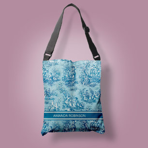 Elegant vintage blue teal toile de jouy printed crossbody bag