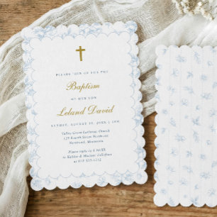 Elegant Vintage Blue Toile Baby Boy Baptism Invitation
