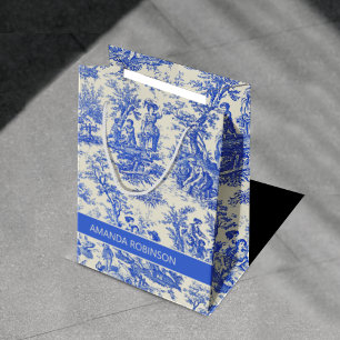 Elegant vintage blue toile de jouy medium gift bag