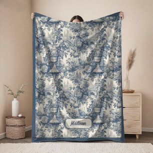 Elegant vintage Blue toile de jouy monogram Fleece Blanket