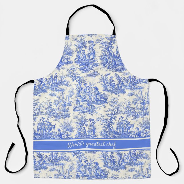 Elegant vintage blue toile de jouy printed  apron (Front)