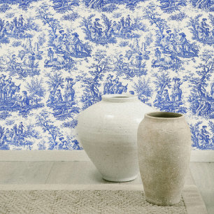 Elegant vintage blue toile de jouy wallpaper