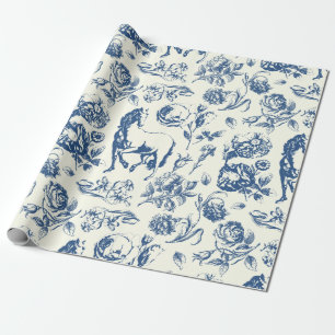 Elegant Vintage Blue Toile Horse Floral Pattern Wrapping Paper