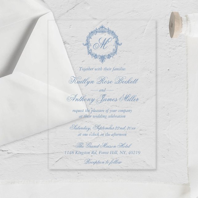 Elegant Vintage Blue Toile Monogram Wedding Acrylic Invitations (Creator Uploaded)