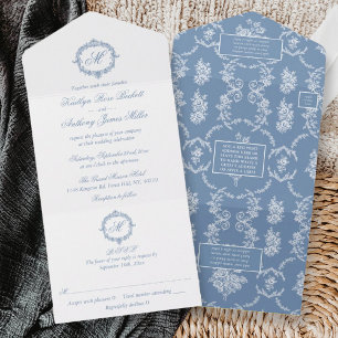 Elegant Vintage Blue Toile Monogram Wedding All In One Invitation