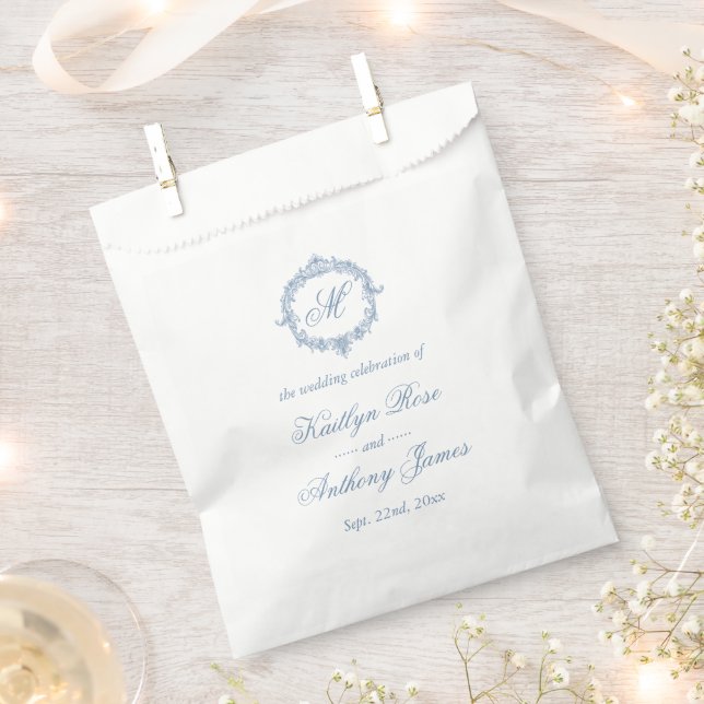 Elegant Vintage Blue Toile Monogram Wedding Favour Bags (Clipped)
