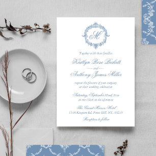 Elegant Vintage Blue Toile Monogram Wedding Invitation