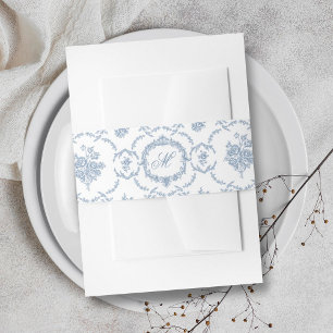 Elegant Vintage Blue Toile Monogram Wedding Invitation Belly Band