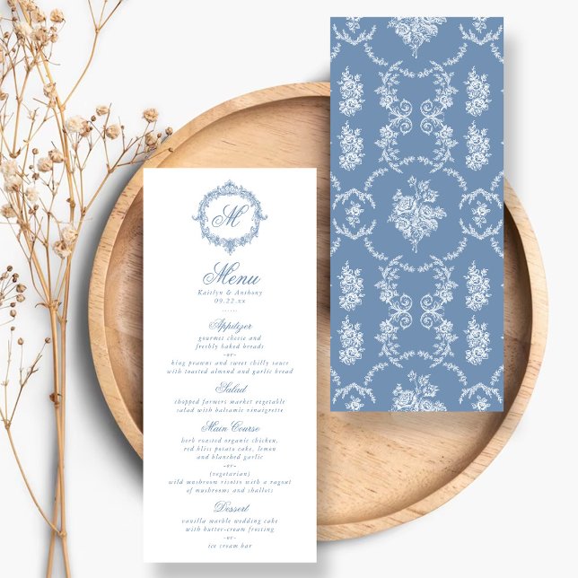 Elegant Vintage Blue Toile Monogram Wedding Menus (Creator Uploaded)