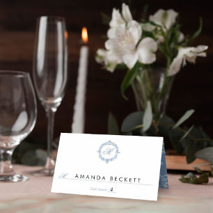 Elegant Vintage Blue Toile Monogram Wedding Place Card