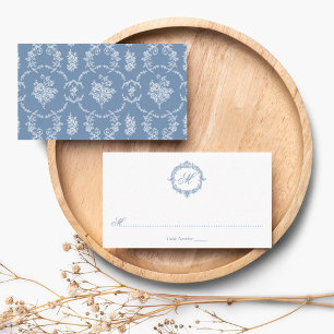 Elegant Vintage Blue Toile Monogram Wedding Place Card