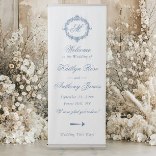 Elegant Vintage Blue Toile Monogram Wedding Retractable Banner