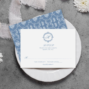 Elegant Vintage Blue Toile Monogram Wedding RSVP Card