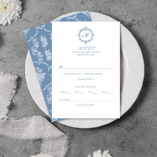 Elegant Vintage Blue Toile Monogram Wedding RSVP Card