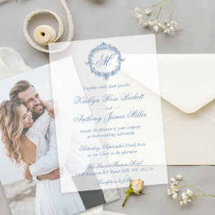 Elegant Vintage Blue Toile Monogram Wedding Vellum Invitations