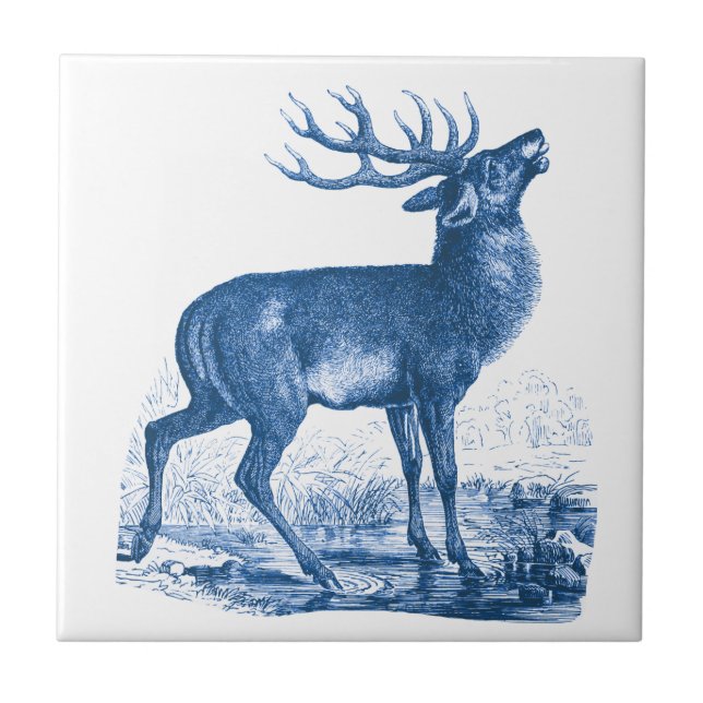 Elegant Vintage Blue White Deer Tile (Front)