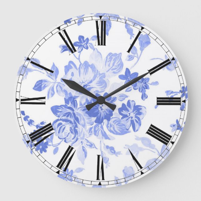 Elegant Vintage Blue White Floral Clock (Front)
