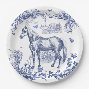 Elegant Vintage Blue White Horse Floral Paper Plate