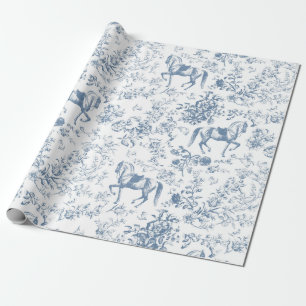 Elegant Vintage Blue White Horse Floral Pattern Wrapping Paper