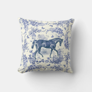 Elegant Vintage Blue White Horse Floral Toile Cushion