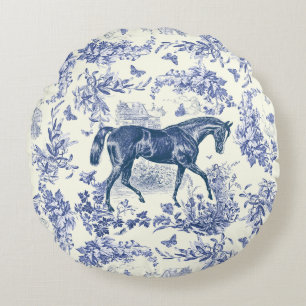 Elegant Vintage Blue White Horse Floral Toile Round Cushion