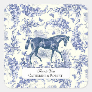 Elegant Vintage Blue White Horse Floral Toile Square Sticker