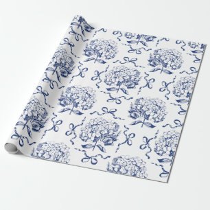 Elegant Vintage Blue White Hydrangea Bow Pattern Wrapping Paper