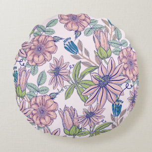 Elegant Vintage Blush & Blue Floral Round Pillow