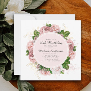 Elegant Vintage Blush Pink Floral 40th Birthday Invitation