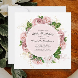 Elegant Vintage Blush Pink Floral 80th Birthday Invitation