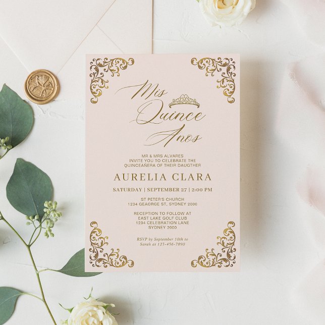 Elegant Vintage Blush Pink Gold Mis Quinceañera Invitation (Creator Uploaded)
