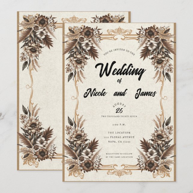Elegant Vintage Bohemian Floral Wedding  Invitation (Front/Back)
