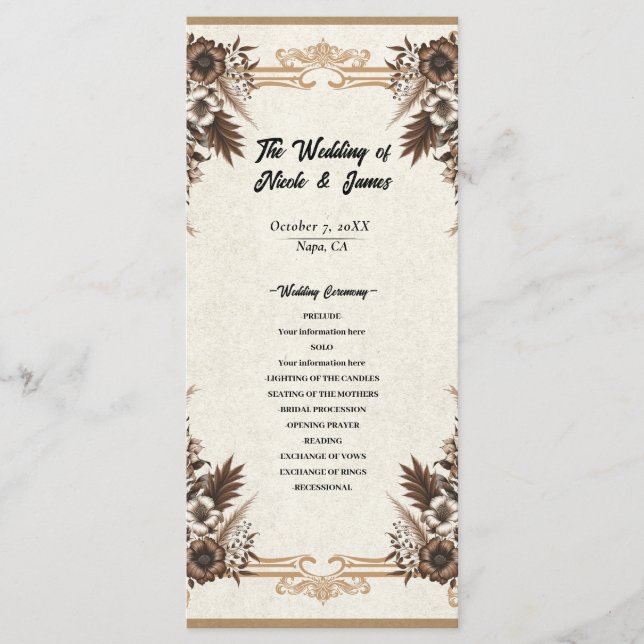 Elegant Vintage Bohemian Floral Wedding  Programme (Front)