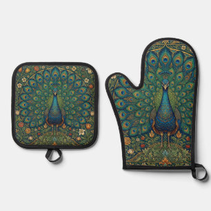 Elegant vintage bohemian peacock design oven mitt & pot holder set