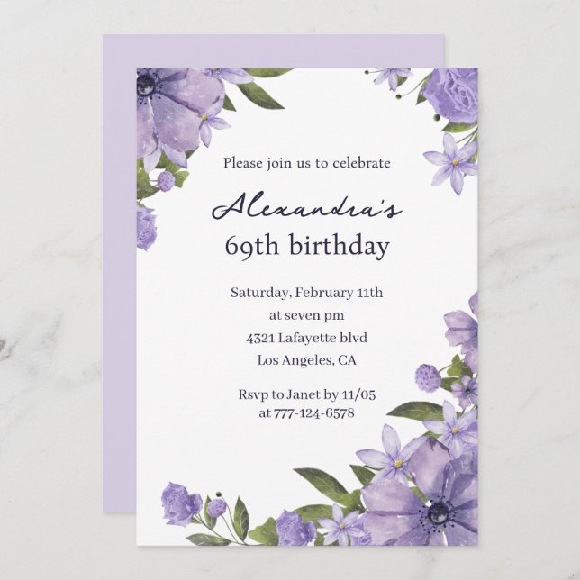 Elegant Vintage Boho Floral 69th birthday  Invitation (Front/Back)
