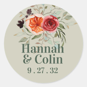 Elegant Vintage Boho Red Orange Grey Names Classic Round Sticker