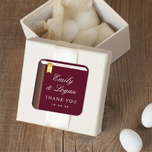 Elegant Vintage Book Burgundy Wedding Favor Square Sticker