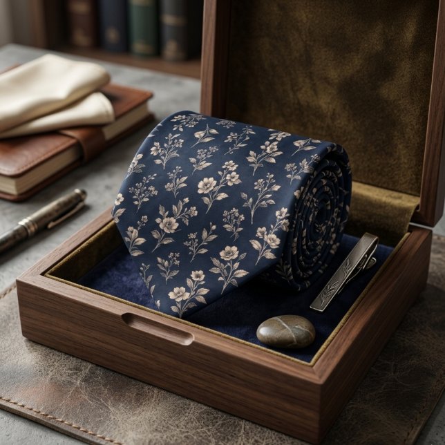 Elegant Vintage Botanical Floral Pattern Navy Tie (Creator Uploaded)