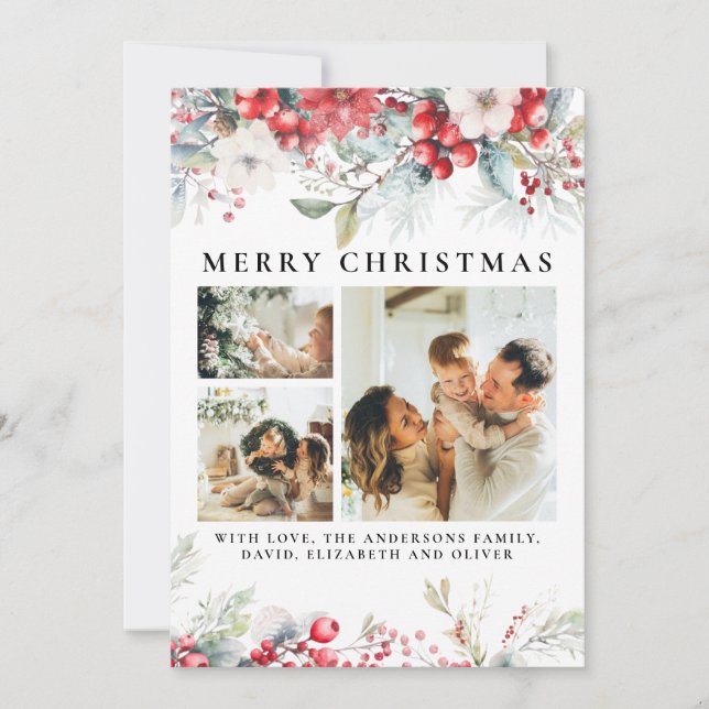 Elegant Vintage | Botanical Red Christmas Holiday Card (Front)