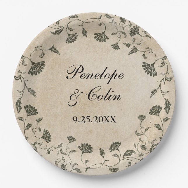 Elegant Vintage Bride Groom Names Wedding Paper Plate (Front)