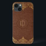 Elegant Vintage Brown Leather Gold Accents iPhone 13 Case<br><div class="desc">Elegant vintage brown tones faux leather look with golden tones floral lace accents. Customisable monogram is optional.</div>