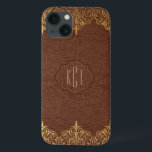 Elegant Vintage Brown Leather Gold Accents iPhone 13 Case<br><div class="desc">Elegant vintage brown tones faux leather look with golden tones floral lace accents. Customisable monogram is optional.</div>
