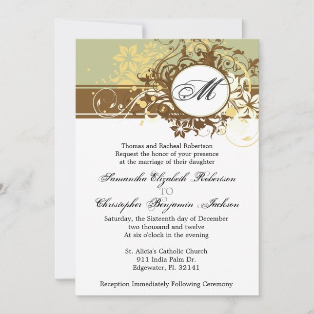 Elegant Vintage Brown Monogram Wedding Invite (Front)