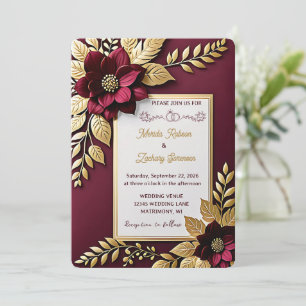 Elegant Vintage Burgundy and Gold Floral Wedding  Invitation